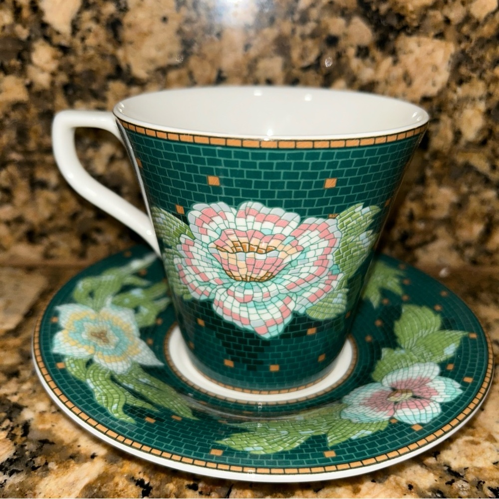Vintage Sasaki "Messina" Green Mosaic Tea Cup and Saucer By Stephen Dwecke